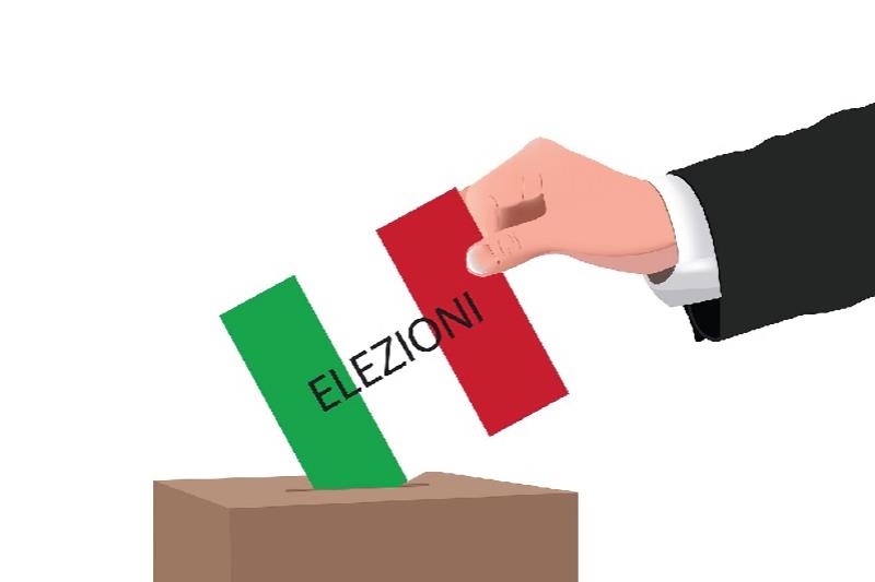 Disegno di un'urna elettorale nella quale una mano infila un cartoncino con il tricolore italiano e stampata sopra la scritta &quot;Elezioni&quot;